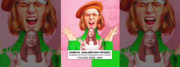 Grafika przedstawia kobietę w szalonym stroju i okularach.