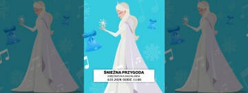 Grafika przedstawia postać kobiety w zimowej scenerii, ubranej w białą suknię, trzymającą gwiazdkę, co sugeruje atmosferę magii i zimowej przygody. W tle znajdują się śnieżynki, dzwonki oraz nutki muzyczne, a poniżej widnieje informacja o wydarzeniu, któr