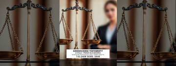 Grafika przedstawia wagę sprawiedliwości na pierwszym planie oraz rozmytą postać kobiety w stroju formalnym w tle, z informacją o spotkaniu „Dziedziczenie i testamenty – Prawo dla seniora” zaplanowanym na 7.01.2026 o godz. 18:00.