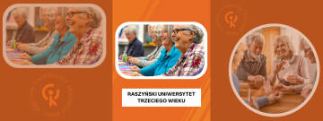 Grafika przedstawia uśmiechniętych seriorów w trakcie zajęć.