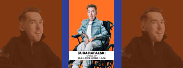 grafika przedstawia Kubę Rafalskiego na pomarańczowym tle