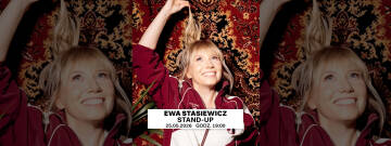 Grafika przedstawia Ewę Stasiewicz leżącą na dywanie