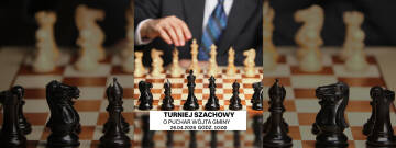 Grafika przedstawia ogłoszenie o turnieju szachowym o puchar wójta gminy, zaplanowanym na 26 kwietnia 2026 roku o godzinie 10:00, z tłem ukazującym dłoń gracza nad szachownicą z eleganckimi figurami.