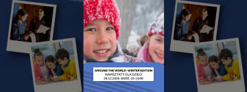 grafika przedstawia dwójkę śmiejących się dzieci w zabawie na śniegu