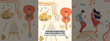 Grafika rysunkowa, kolorowa przedstawia sztalugę, gitarę, palętę barw do malowania, dzbanek i nutki