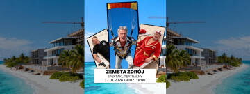 Grafika przedstawia aktorów grających w sztuce na wakacjach na tropikach. Są woda, piasek, palmy.