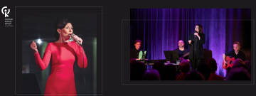 Grafika przedstawia dwa zdjęcia artystki. Na jednym zdjęciu artystka śpiewa do mikrofonu w czerwonejj sukience, na drugim zdjęciu artystka śpiewa na scenie w towarzystwie muzyków