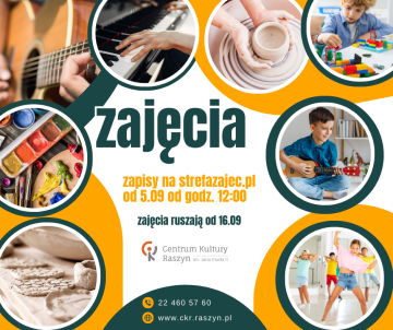 Grafika przedstawia kółeczka, w których umiejscowione są zdjęcia dzieci grających na ukulele, dzieci tańczących, dłoni na kole garncarskim, na gitarze, na pianinie, farby