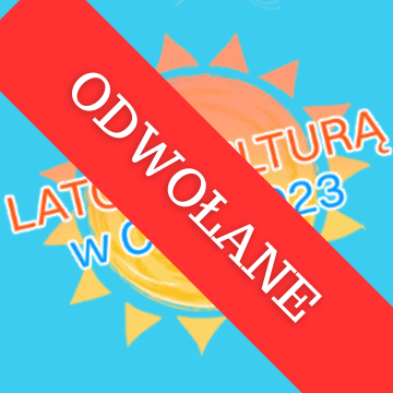 Błękitna grafika ze słońcem. Na słońcu czcionką w kolorze czerwonym i niebieskim umieszczony jest tytuł lato z kulturą w ckr 2023